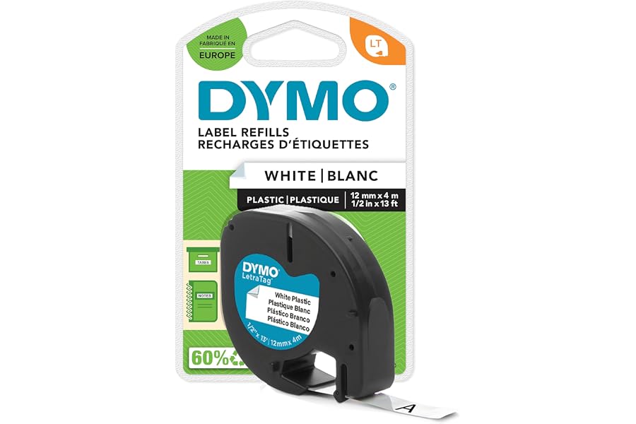DYMO LT plástico etiquetas auténticas | Negro sobre blanco | 12 mm x 4m | para las etiquetadoras LetraTag | autoadhesivo