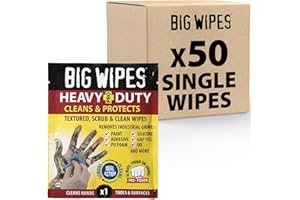 Big Wipes Heavy Duty Pro+ Lot de 50 lingettes pour les mains | Élimine la peinture, l'huile, la mousse PU et les adhésifs. Enrichies en aloe vera et vitamine E, lingettes commerciales double face