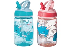 Nuby Mighty Swig Water Bottle - No Spill Active Toddler Sippy Cup | 360 ml / 12 oz | Carry Handle | Dishwasher and Microwave Safe | Suitable Beaker for 18 Months Plus (Under The Sea, Pack of 2)