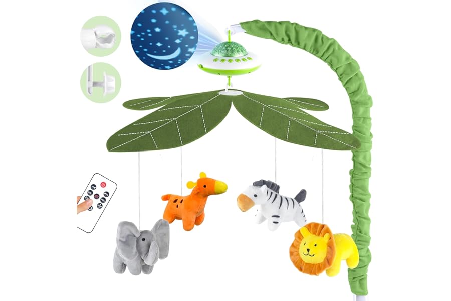 VZO Baby Cot Mobile, Crib Mobile with Music and Projection, Musical Cot Mobiles for Babies, Baby Nursery Cot Mobile Decor Green