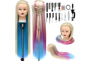 QUANMINXF Trainingsköpfe, 28 inch Übungskopf Frisierkopf Friseur 100% Synthetikfaser-Haar Styling Kopf Frisierkopf für Frisöre mit kostenloser Klemme und DIY Flechtset (Bunt)