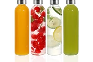 LIMILI Glass Bottles With Stainless Steel Lids, 4 Pack 750ml Water Bottles, Leak Proof Reusable for Hot Cold Drinks, Work, Gym, Home