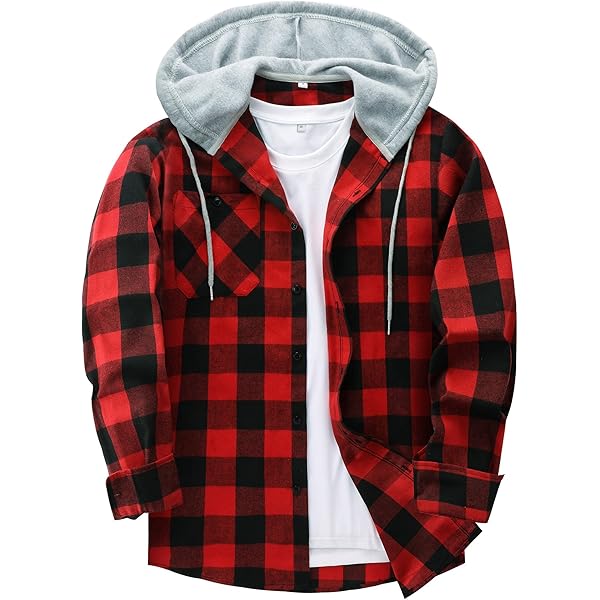 Xnova Thermohemd jas voor heren, fleecevoering met capuchon, casual ritssluiting, geruite mantel, lange mouwen, winterjas, capuchontrui, flanellen hemd, warm, houthakkershemd, werkhemd, hoodie voor