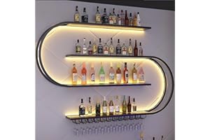 ‎AMHRICHO Wand montiertes Weinregal, halbrundes mehrschichtiges Weinregal mit Weinglashaken, Weinflaschen-Präsentationsregal aus Eisen, geeignet für Küche, Bar, Café (ohne Glühbirnen) (Black, 150 * 20 * 120CM)