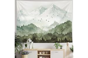 NEASOW Mountain Forest Tapestry, Misty Foggy Salbei Green Tree Landschaft Aquarell Kunst Wandteppiche, Natur Landschaft Tapestry für Schlafzimmer Wohnzimmer Hintergrund Grün, 150×200cm