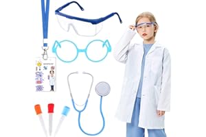 KAVOC 6 Pcs Kids Scientist Doctor Costume set White Lab Coat with Goggles ID card Role Play Dress Up Accessories Scientist Experiment Toys for Kids Boys Girls