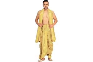 Exotic India Dhoti and Angavastram Set with Wide Golden Border (Ready to Wear) - Beige