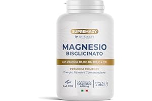SYMBEAUTY SUPREMAGY MAGNESIO BISGLICINATO 450mg (Fornitura 4 Mesi) 240 CPR - Magnesio Completo | Vitamina B12, B1, B2, B6, C e Coenzima Q10 | Integratore Stanchezza Fisica e Mentale - Vegano e Made in Italy