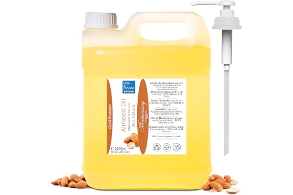 Huile d'Amandes Douces Pressée à Froid, Prévention Vergetures Grossesse | Hydratant Peau Sèche | Démaquillant Naturel | Soin Cheveux | Orangée, 2000 ml