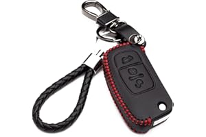 KASER Carcasa Funda de Piel con Llaveros para Llave Control Remoto Ford Fiesta Focus Galaxy Fusion S-MAX Kuga Ecosport Llave 3 Botones Protección Cuero Sintético de Mando a Distancia Coche (Red Edition)