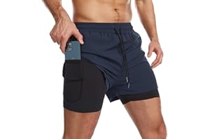 Danfiki męskie spodenki sportowe 2 w 1 z kieszeniami sportowymi, szybkoschnące, legginsy sportowe z kieszenią na spodniej warstwie stretchowej