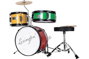 Lexington Kinderschlagzeug 3 PC, Schlagzeug Set für Kinde mit Snare, Tom, Bass Drum, Bass Drum Pedal, Thron, Becken, Drumsticks, Rot, Gelb, Grün