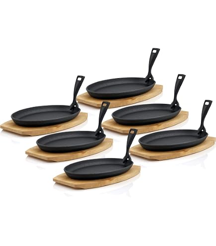 Lot De 4 Mini Poêles En Fonte 16 Cm Avec Base Bois - Fajitas, Service Chaud Et Cuisson Au Four
