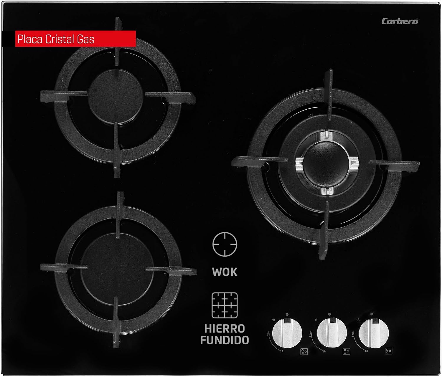 Corberó - Placa Cristal Gas butano |CPCGY2303N | 3 Fuegos | Potencia 7,75KW | Zona Wok | Sin Autoencendido | Desconexión Automática | Parrilla Hierro Fundido | Kit de conversión a gas natural | Negro