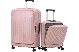 TydeCkare 2 Pieces 20/29 Luggage Sets, 29 Inch Side Opening Checked Suitcase & 20 Inch Cabin Luggage with Front Pocket, Ligthweight ABS+PC Hardshell, Pink