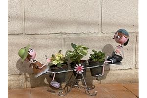 CAPRILO Macetero Triple Decorativo de Metal Niños en Balancín. Adornos y Figuras. Decoración para Jardín. Regalos Originales. 52 x 19 x 29 cm. IB 2