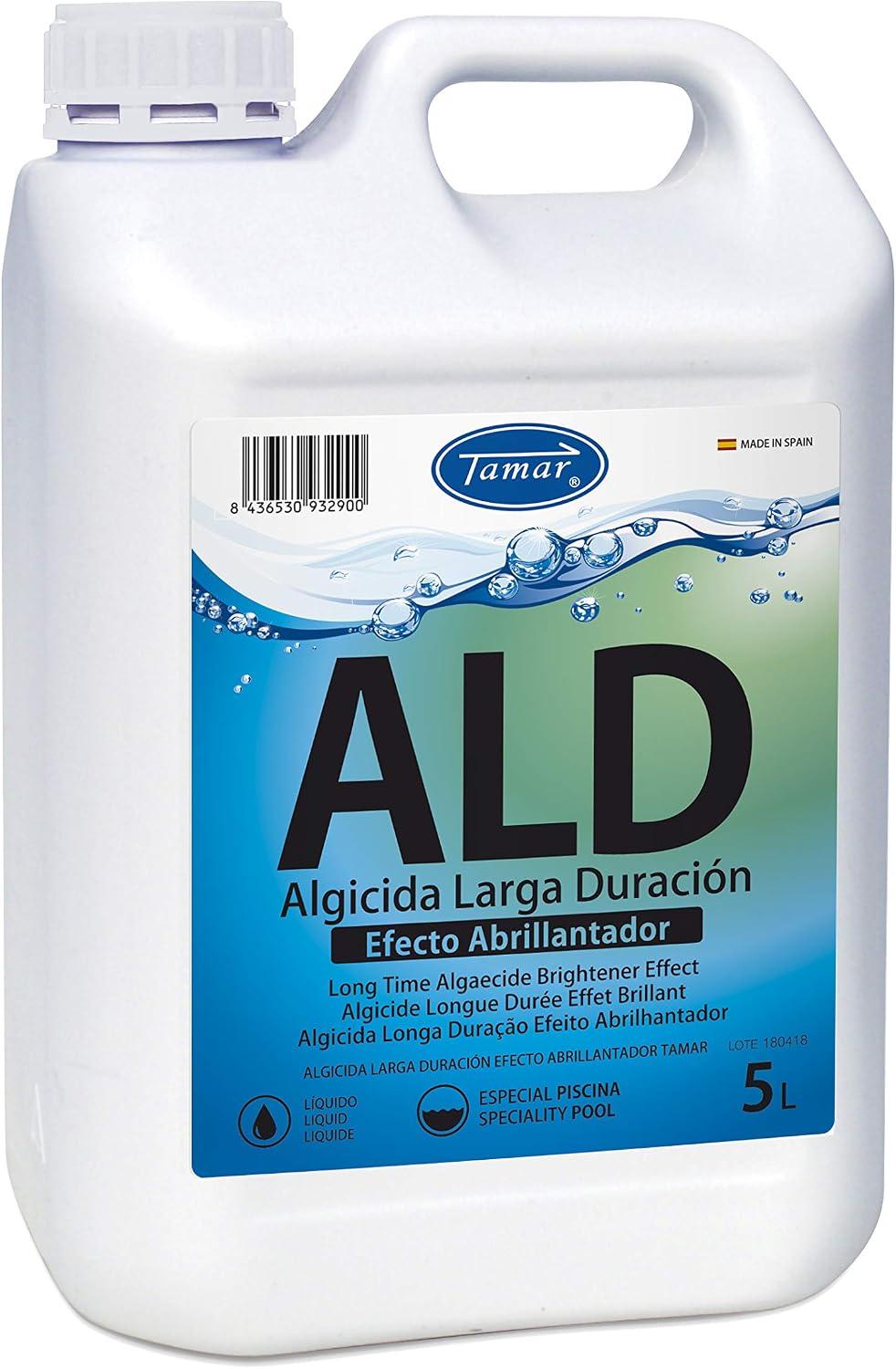 Tamar Algicida Larga Duración con Efecto Abrillantador, biocida Especial Piscinas, alguicida no espumante, antialgas preventivo, acción rápida, sin Cobre 5 litros