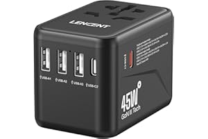 LENCENT Universal Reiseadapter, GaN III 45W Internationales Ladegerät mit 3 USB & 2 USB-C PD Schnellladung Anschlüssen, Weltweiter Ladeadapter für Typ A/C/G/I, USA/UK/EU/AUS Steckdosen, Schwarz
