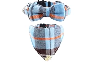 UYRVAPE 2pcs Katzenhalsbänder mit Glocken Abnehmbare Fliege Bandana, Kätzchen Halsband Katze Bandana Hundefliege, Katzenhalsband mit Glöckchen, Kariertes Katzen halsbänder mit Schleife, Blau