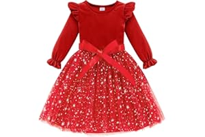 Naiyafly Toddler Girls Dress Velvet Ruffle Long Sleeve Kids Sparkle Sequins Tulle Tutu Christmas Dress Holiday Festive Wedding Party Birthday Fall Winter Princess Dress Outfit 2-7 Years