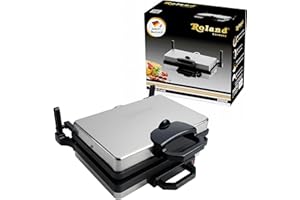 Roland Germany Multigrill, 2000W Elektro-Kontaktgrill, Schwarz, 340x220mm Grillplatten, 5-Stufen Temperaturregelung, für Lahmacun, Fleisch, Toast und Gemüse (1, Teflon)