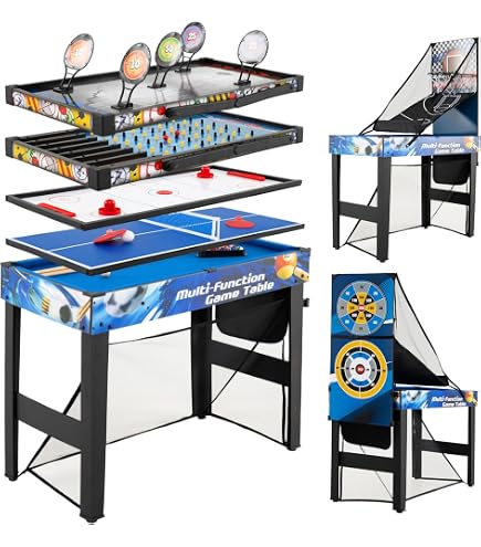 COSTWAY Table 6-en-1 Baby-Foot + Billard + Hockey + Bowling + Basket – 91,5x46x129,5 Cm – Pieds Réglables – Plateau Empilable