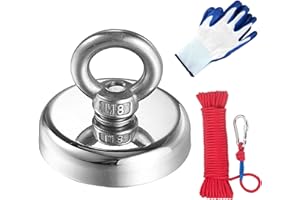 Aoligei Super Potente tirar redondo imán de neodimio con avellanado agujero y cáncamo 181kg fuerza de tracción,diámetro 60 mm y 6 mm trenzado cuerda 66 ft perfecto para imán pesca y recuperar Salvage