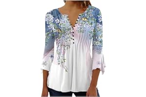 SUSENSTONE Chemisier Femme Chic et Élégant Manches 3/4 Tshirt Imprimé Plissé Henley Tshirt Col V Blouse Mousseline de Soie Boheme Haut Manche Courte Tunique Été Plage Travail Tunique Top