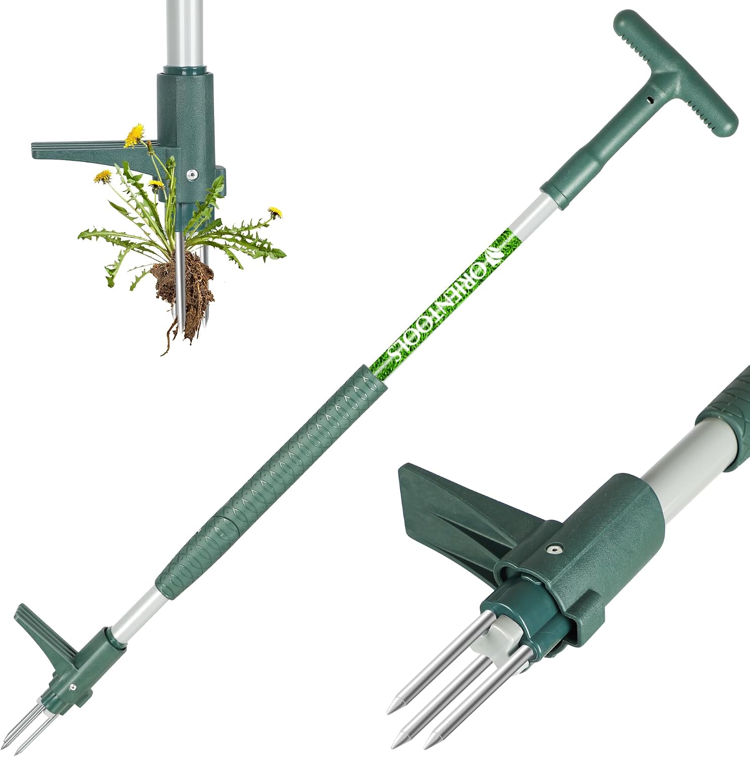 ORIENTOOLS Weed Puller Stand Up Weeder Hand Tool with 3 Claws for Dandelion, Steel Twist Hand Weed Root Pulling Tool, 39.4" Long Handle Lawn Easy Root Remover Garden Tool with T-Grip, Forest Green