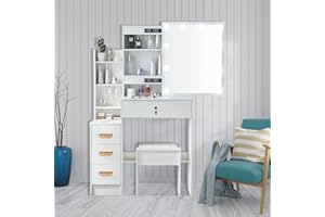 Saimeihome Schminktisch mit Spiegel und Hocker, Frisiertisch mit Beleuchtung, Kosmetiktisch mit 4 Schubladen 7 Ablageflächen, Weiß Schminktisch für Schlafzimmer Kinderzimmer 83x36x140cm