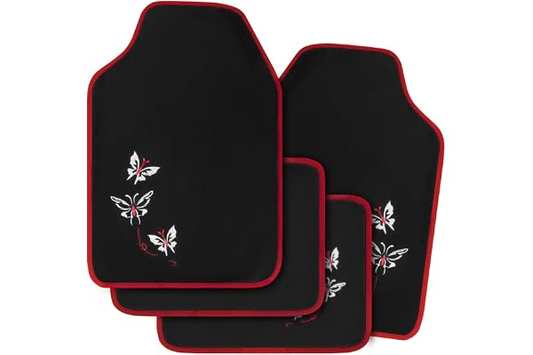 WOLTU Tapis de Sol Set,Voiture Tapis UNI,Broderie Papillon,Protecteur, 4 pièces, Universel Rouge et Noir