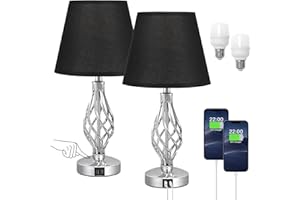 kakanuo Lampada da Comodino Touch Dimmerabile Set di 2 con Porte di Ricarica USB-A+Tipo-C 2 Lampadine, Paralume in Lino Nero, Lampada da Tavolo per Camera da Letto Soggiorno Ufficio