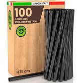 100 Large Jumbo Black Biodegradable and Compostable Straws | Rigid Beans 15 cm x 8 mm, 100% Ecological, Reusable, Made in Ita