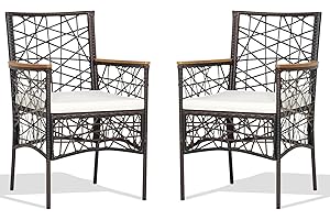 RELAX4LIFE 2PCS Rattan Chair Set, All-Weather Patio Armchair Dining Chairs with Removable Cushions & Acacia Wood Armrests, Set of 2 Outdoor Wicker Chair Seat for Garden Poolside Yard