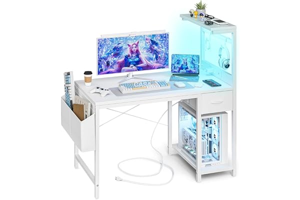 Grandder Bureau Gaming Réversible, 100x70cm Bureau d'angle en L avec Port de Charge USB et Prise de Courant, Table Ordinateur avec Support d'écran pour Chambre Domicile Maison Blanc