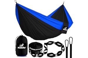 MalloMe Einzel Hängematte (285 x 140cm) Ultraleichte Reise Camping Hängematten für Outdoor 2 Personen oder 1 Kinder & Erwachsene Atmungsaktives Wasserdichtes Fallschirm-Nylon, inkl. Premium Karabiners