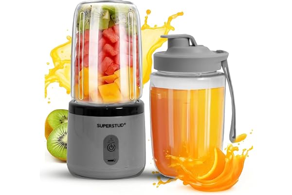 SUPERSTUD Blender Mixer Grinder Mini Blender for Smoothies & Juices 2-Jar Capacity (400ml*2) 45 Watts Bullet Rechargeable Portable Juicer Auto-Stop After 40s (ash grey)