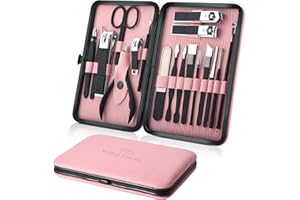 Kit Manucre Pedicure - Coupe Ongle Professionnel Coupe Cuticule Acier Inoxydable - Trousse Manucure Pedicure Set de 18pcs avec Exquis La Boîte by Keiby Citom (Noir & Rose)