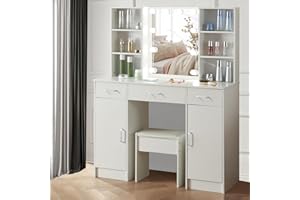 Teousev Big Dressing Table with LED Lights, 140×100×40cm Makeup Table with Mirror, Vanity Desk with LED Lights-3 colors, Brightness Adjustable, Wooden Modern Bedroom Dresser