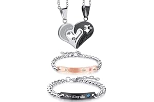 OIDEA Set Collana e Bracciale Coppia Lovers,Collana con Pendente Puzzle Cuore 'I Love You' Mosaico Strass,Braccialetto “Her King” “His Queen” Regalo per Amante o Migliore Amico/Amica