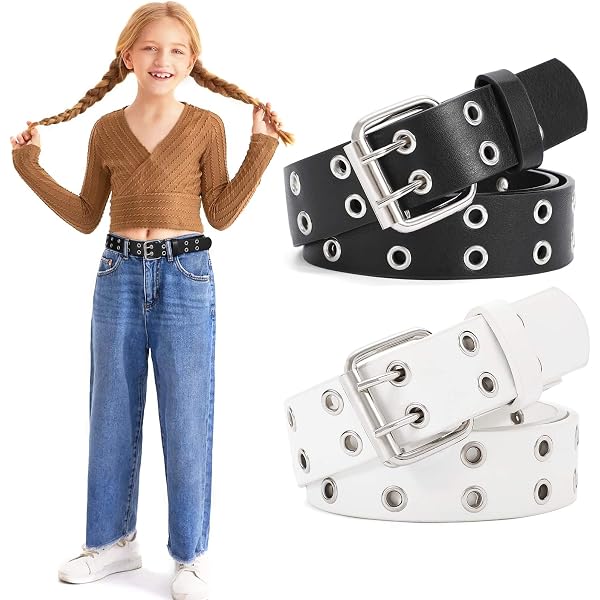 Lot De 2 Ceintures Fines Pour Fille - Cuir PU Réglable - Boucle En U - Noir Et Marron - 106 Cm
