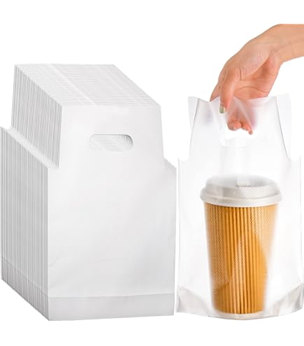 DEAYOU 200 Pack Handle Drinking Poly Bags Clear Plastic Packaging Bags For Delivery 12 L X 11 H Hanging Hole Cup Carrier With Handle For Take Out Beverage Coffee Juice Stores Hold 2 Cups - View #2
