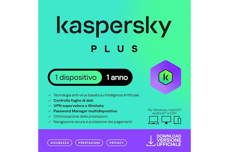 Kaspersky Plus Internet Security 2025 | 1 dispositivo | 1 anno | Con Anti-Phishing e Firewall | VPN illimitata | Password Man