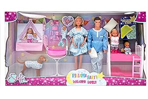 Simba - Steffi Love Pigiama Party Welcome Family, 105733552Amz, + 3 Anni, Kevin, Evi, Fratellino e Cagnolino, e Cuscini Glow in The Dark con Lettino, Tenda, Culla