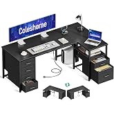 Coleshome L Shaped Computer Desk with 6 Drawers & Power Outlet, 140×80cm | Reversible Corner Office PC Desk with File Storage
