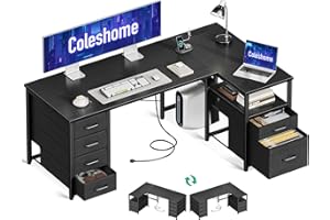 Coleshome Computer Corner Desk with Drawers, 140×70 cm L Shaped Office Desk with Power Outlet, Reversible Study PC Table with Storage for Bedroom, Black