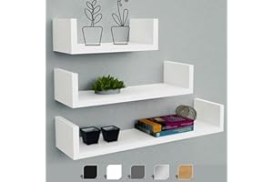HOMION Floating Shelf Set Of 3 Different Sizes U Shape Wooden DIY Display Unit Shelves U shaped Wall Mount Shelf Living Room Kitchen Garage Caravan Camping Room Storage Shelves (White)