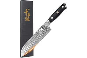 QIANFENGSHENG Couteau Santoku Damas 7 pouces, couteau de cuisine professionnel avec manche en bois, couteau de chef à haute teneur en carbone, couteaux de cuisine ultra tranchants en acier inoxydable Damas