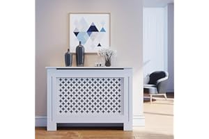 SONNI Copertura per Radiatore, 112x19x81.5 cm Classico e Moderno per Copritermosifone, Copertura Termosifone Grande a Doghe Romboidali Laccati Bianchi