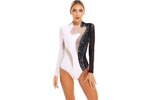 TiaoBug Femme Justaucorps Gymnastique Manche Longue Strass Brillant Léotard Danse Ballet Col Haut Bodysuit Combinaison Sport Yoga Vêtement Patinage Artistique S-XXL